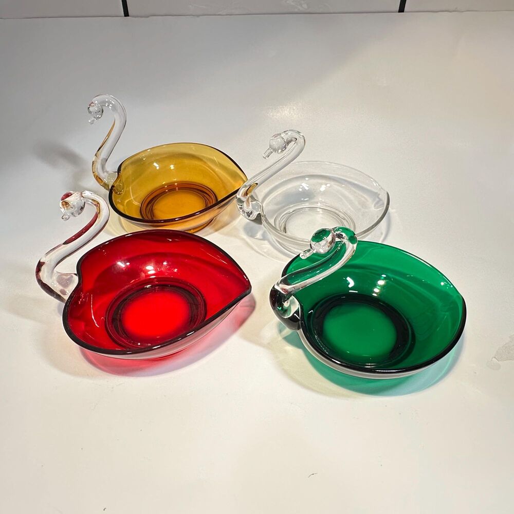 Four Vintage Art Glass Swan Dishes Mid-Century Decor (Viking or Duncan & Miller)